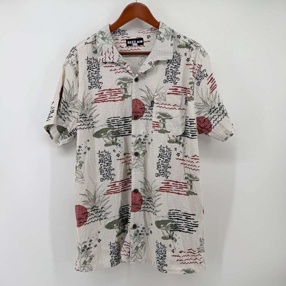 Reef Size XL "Rhys" Tech Blend Striped Button Down Shirt Sun Mushroom Surf Trail